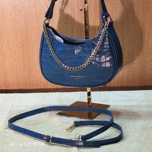 Anna Paola Blue Embossed Italian Leather Crescent Shape Baguette/ Crossbody